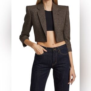 Cropped Open-front Herringbone Blazer
